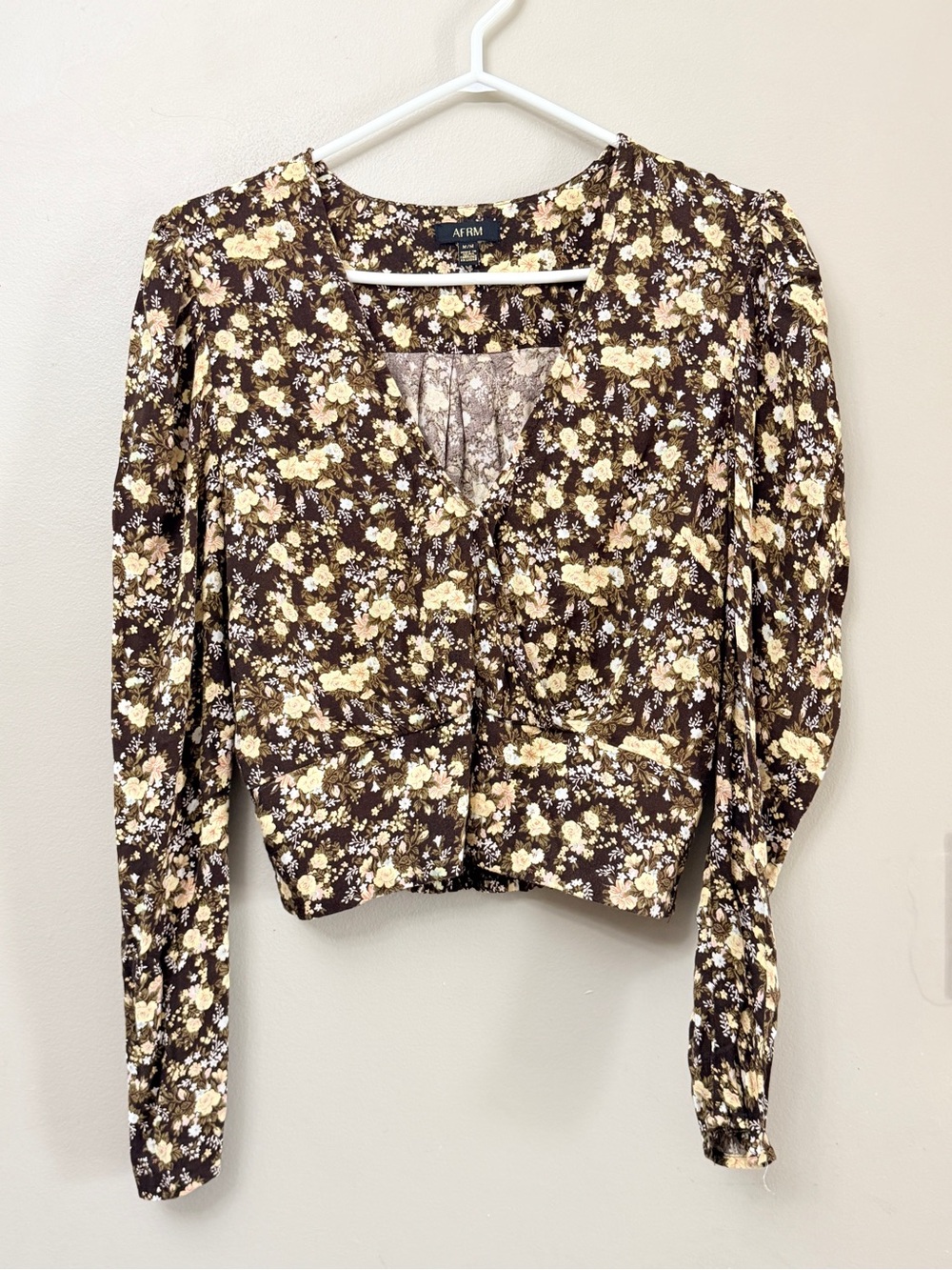 AFRM Brown Floral V-Neck Smocked Crop Top Puff Sleeves Size M